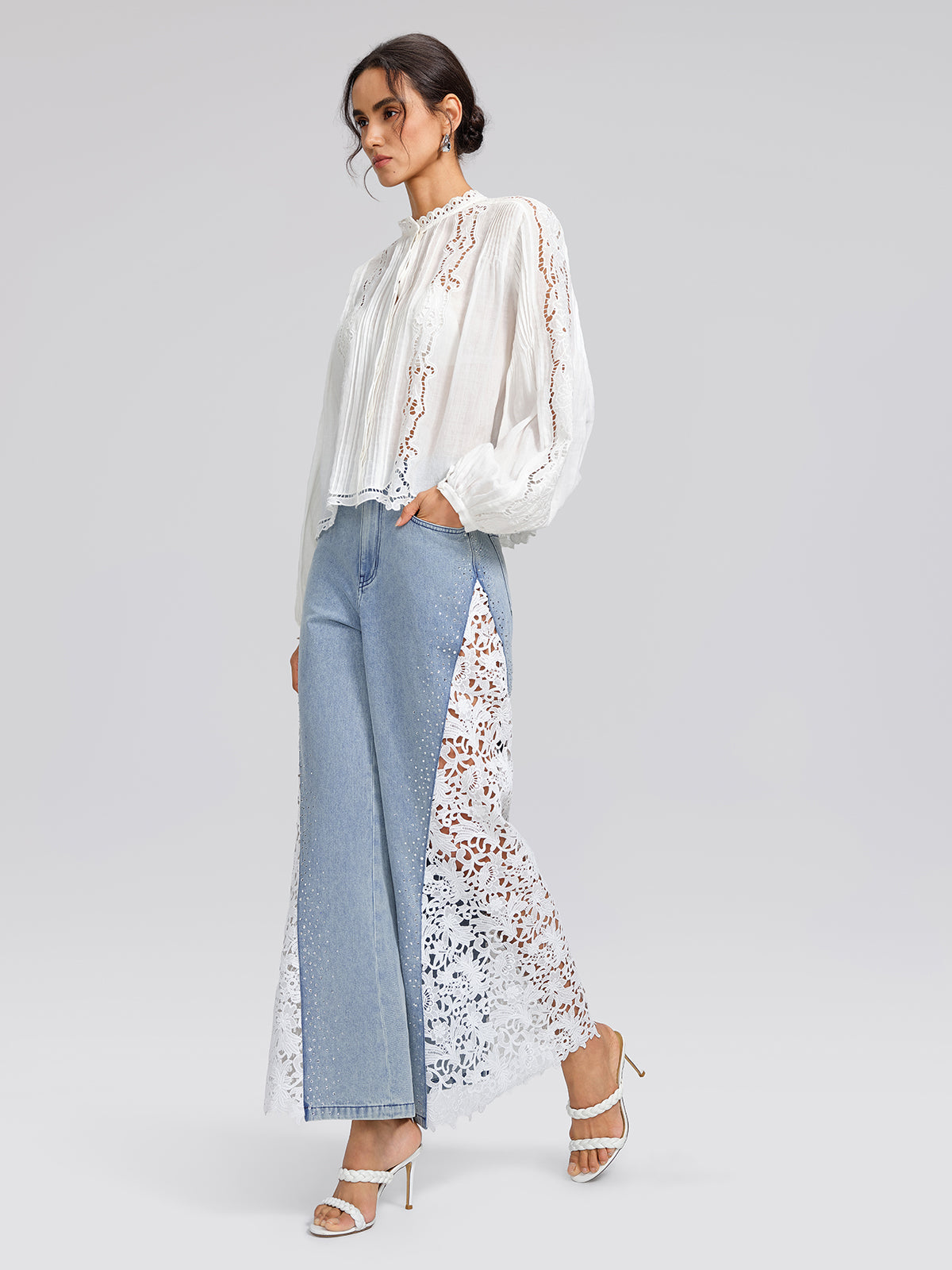 Guipure Lace Halter Rhinestone Button Top