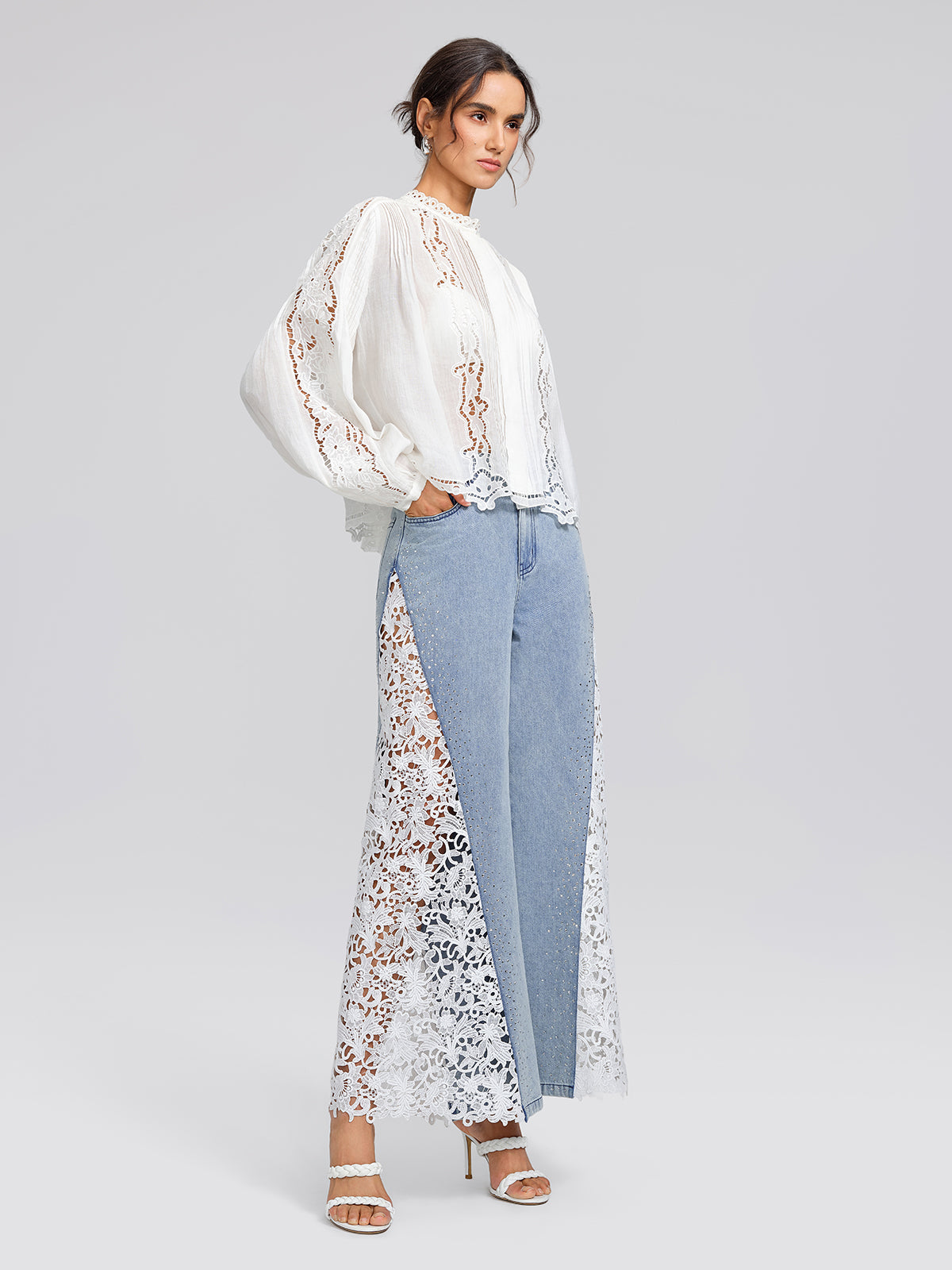 Guipure Lace Halter Rhinestone Button Top