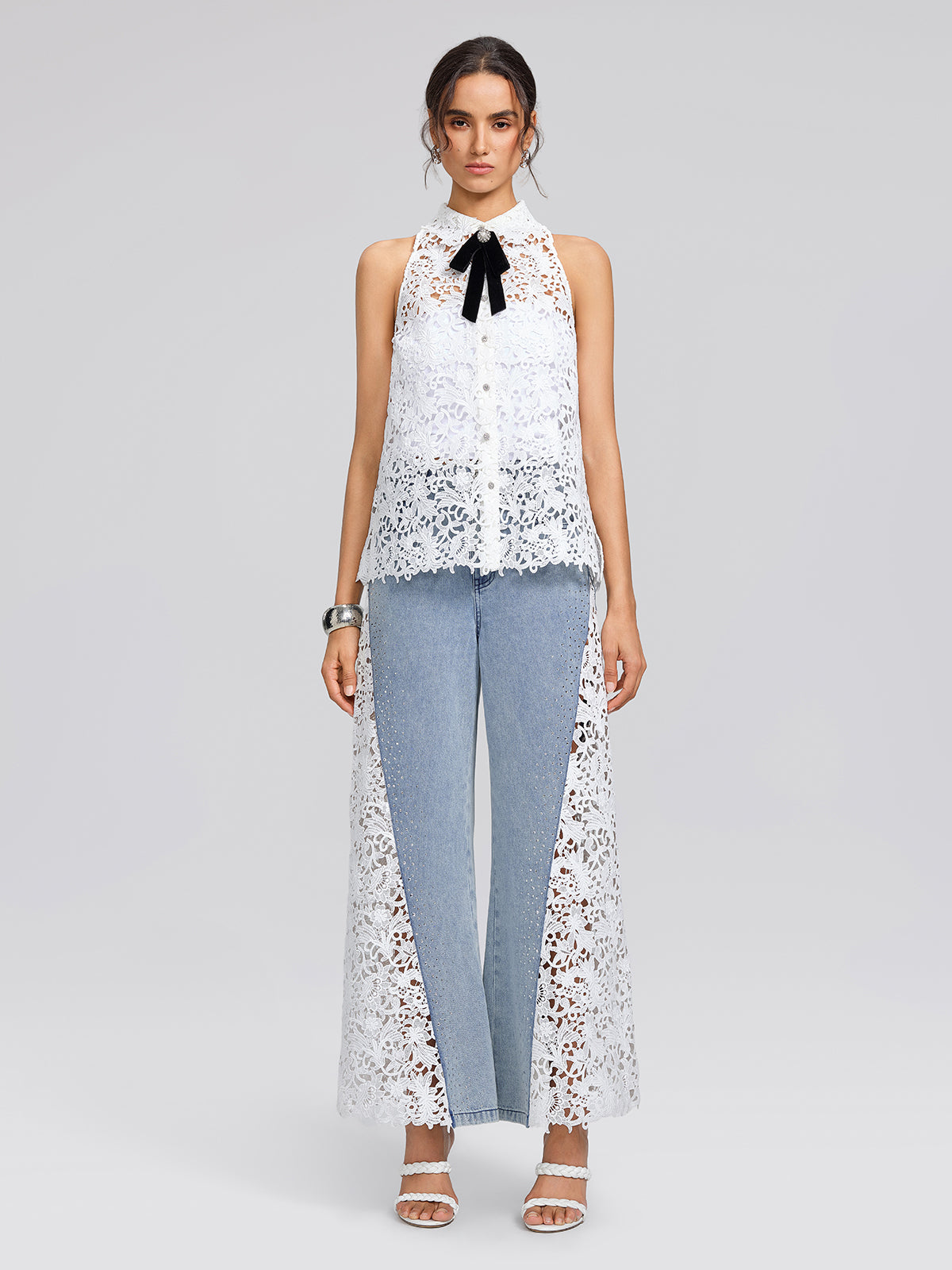Washed Denim Lace Cutwork Rhinestone High-Waist Flared Pants