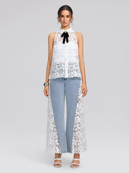 Washed Denim Lace Cutwork Rhinestone High-Waist Flared Pants