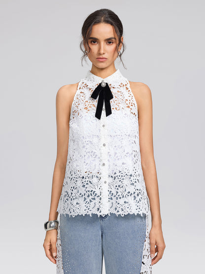 Guipure Lace Halter Rhinestone Button Top
