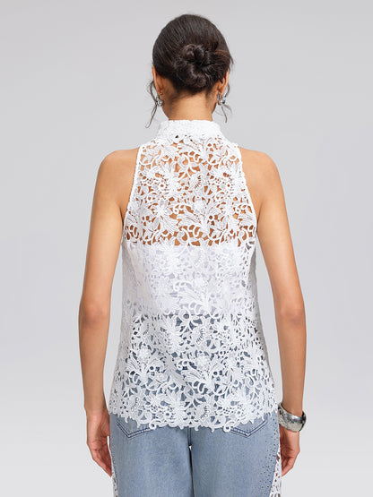 Guipure Lace Halter Rhinestone Button Top