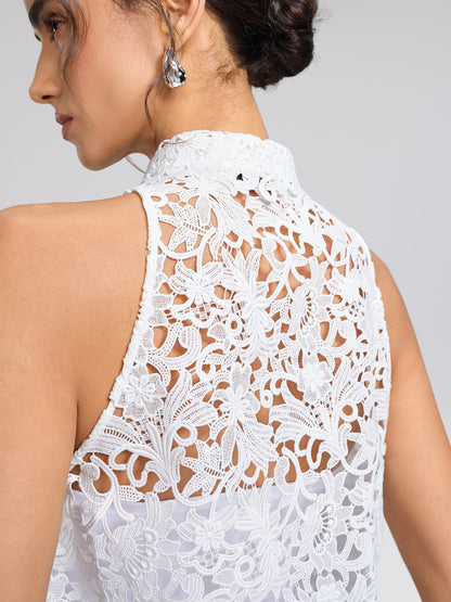 Guipure Lace Halter Rhinestone Button Top
