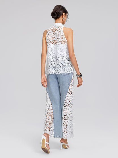 Guipure Lace Halter Rhinestone Button Top