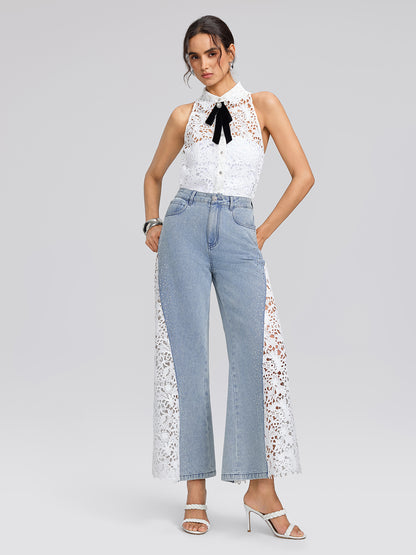 Guipure Lace Halter Rhinestone Button Top