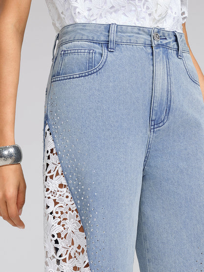Washed Denim Lace Cutwork Rhinestone High-Waist Flared Pants