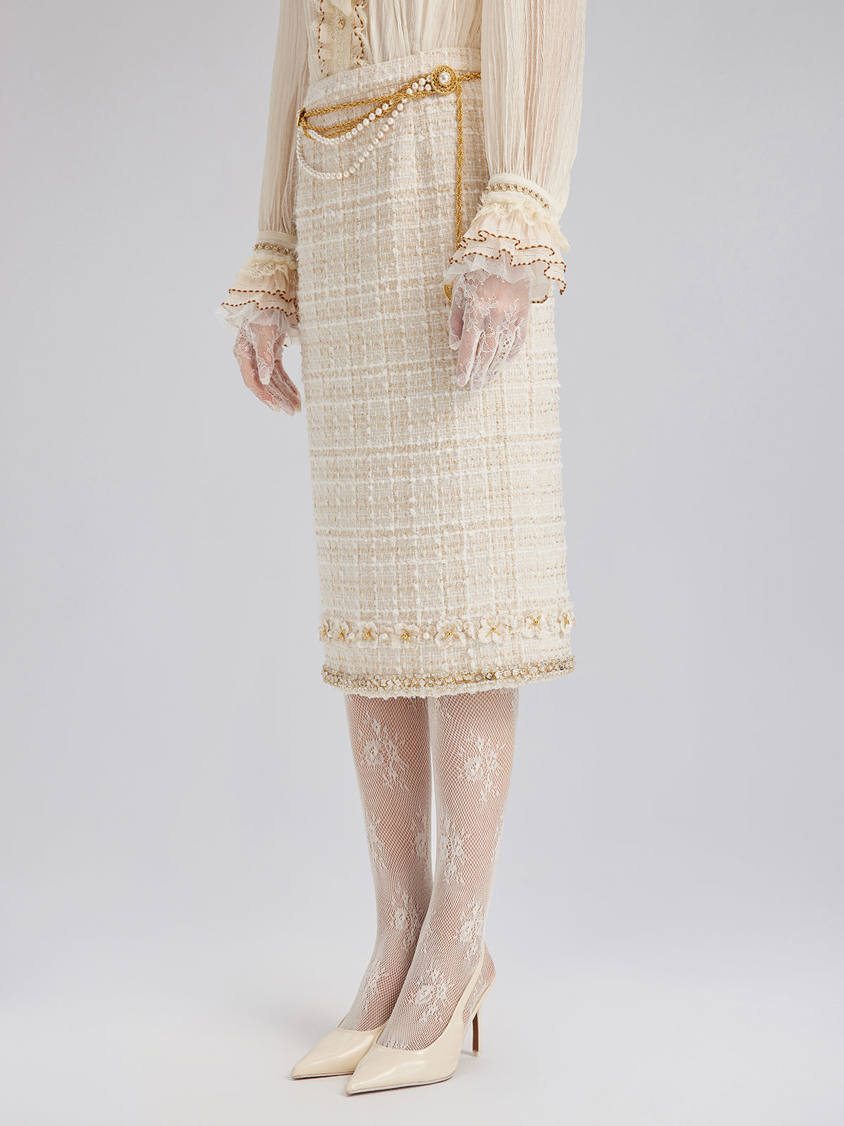 Two-Tone Check Tweed Hand-Beaded Floral Skirt