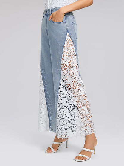 Washed Denim Lace Cutwork Rhinestone High-Waist Flared Pants