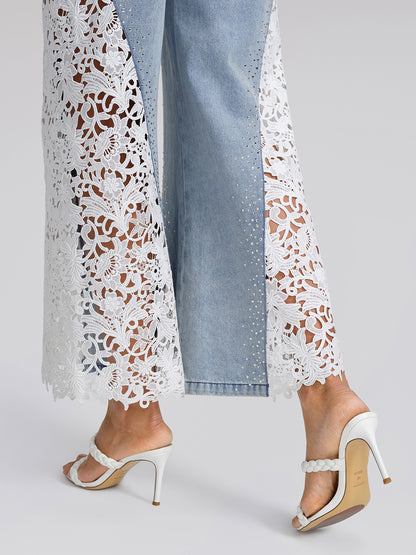 Washed Denim Lace Cutwork Rhinestone High-Waist Flared Pants