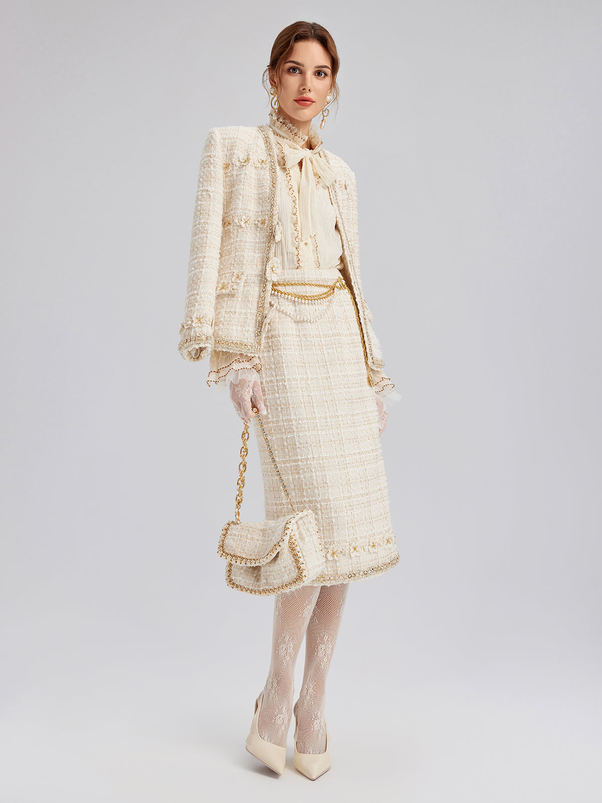 Two-Tone Check Tweed Hand-Beaded Floral Jacket (Matching Scrunchie Included)