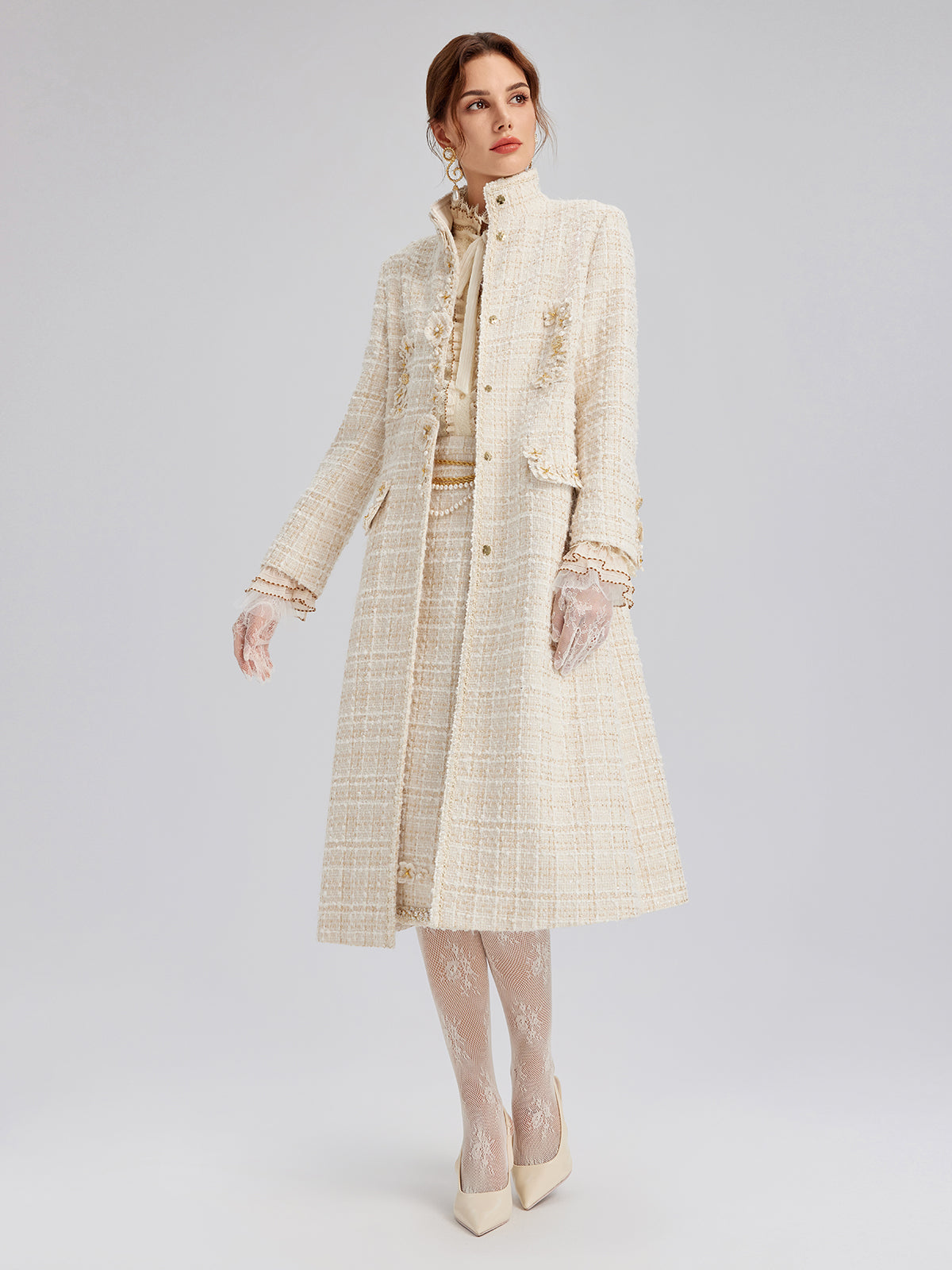 Two-Tone Check Tweed Hand-Beaded Floral Coat