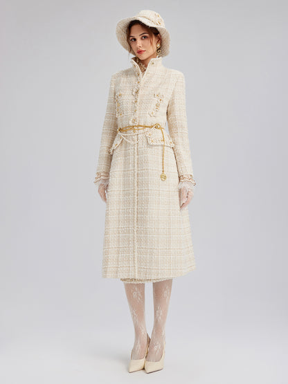 Two-Tone Check Tweed Hand-Beaded Floral Coat