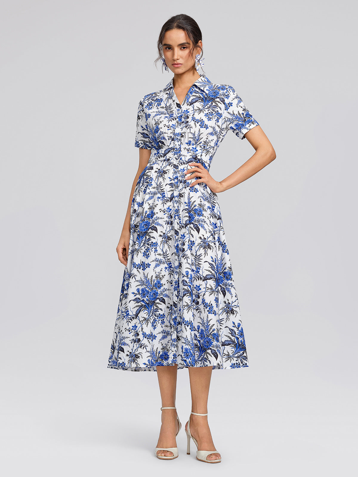 100% Cotton Collared High-Waisted Print Dress