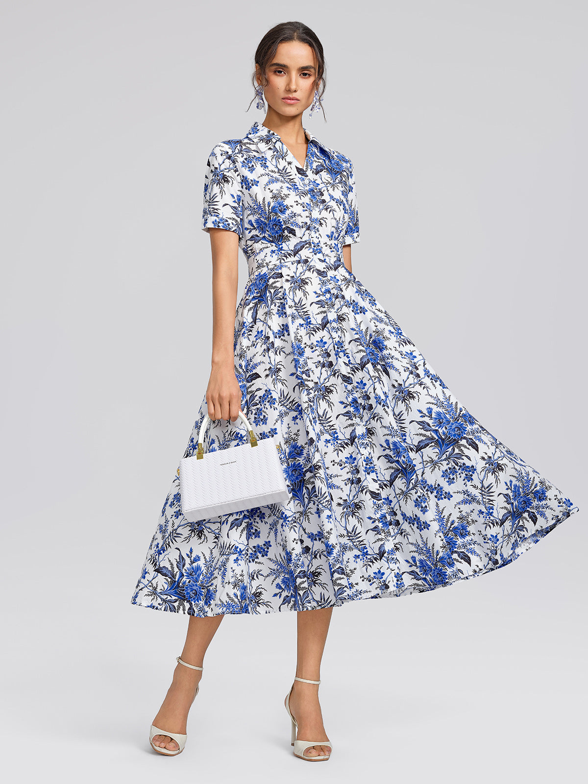 100% Cotton Collared High-Waisted Print Dress