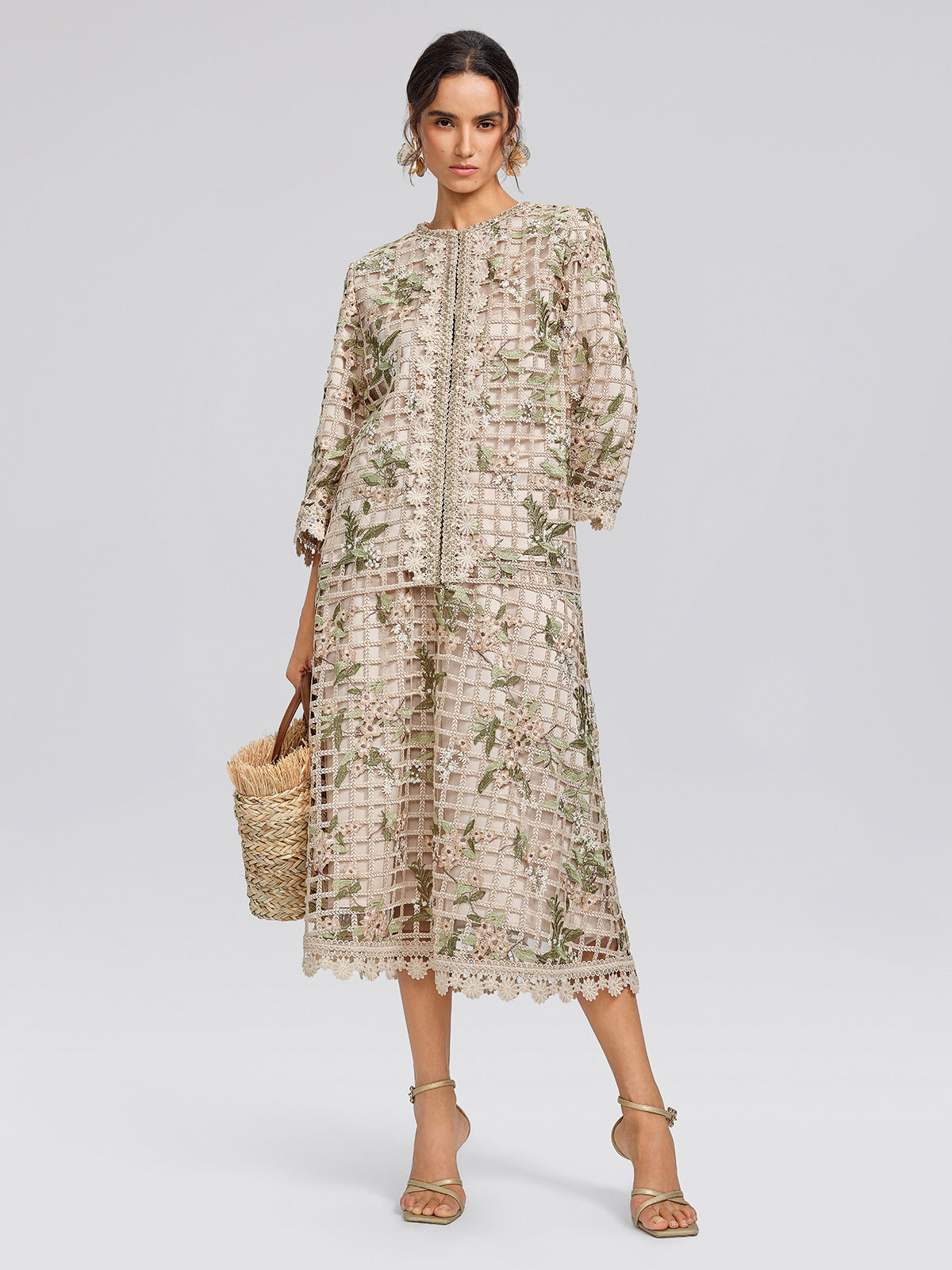Grid Lace Floral Applique Jacket