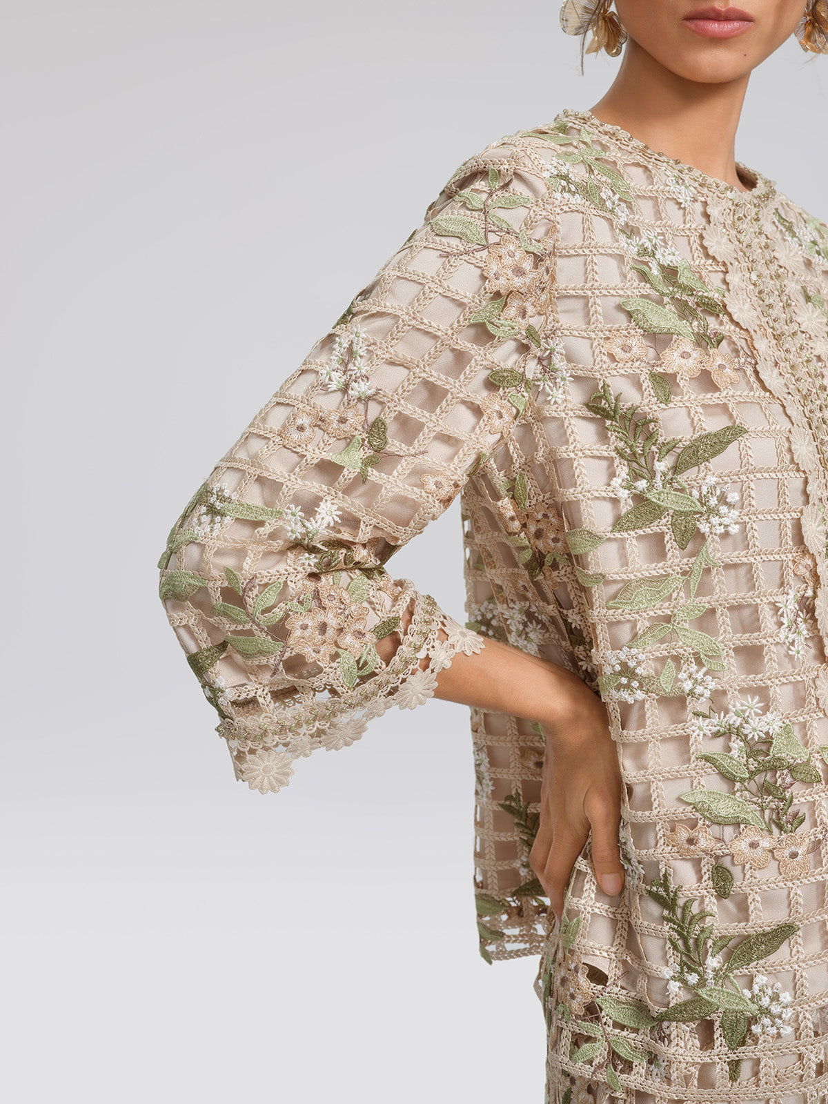 Grid Lace Floral Applique Jacket