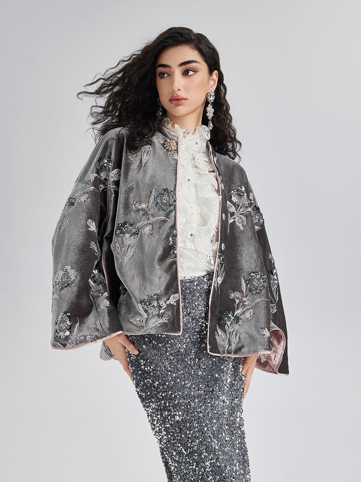 French Velvet Beaded Embroidered Cape Coat