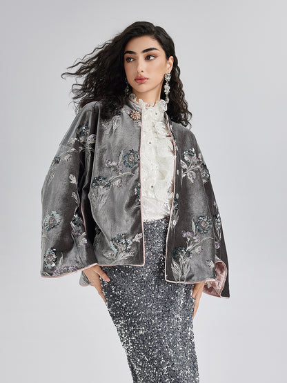 French Velvet Beaded Embroidered Cape Coat