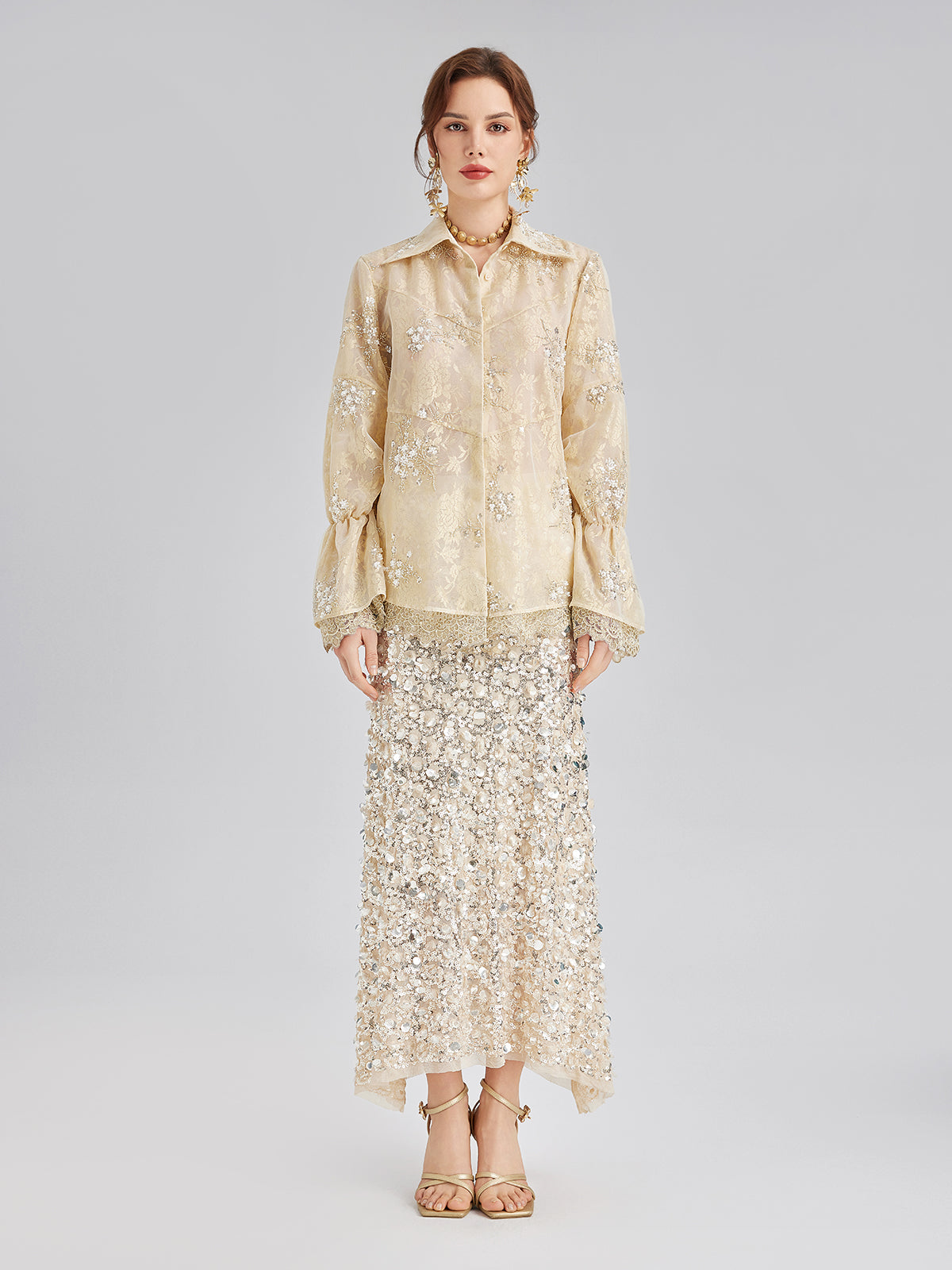 Sequin Bead Embroidered Organza Blouse
