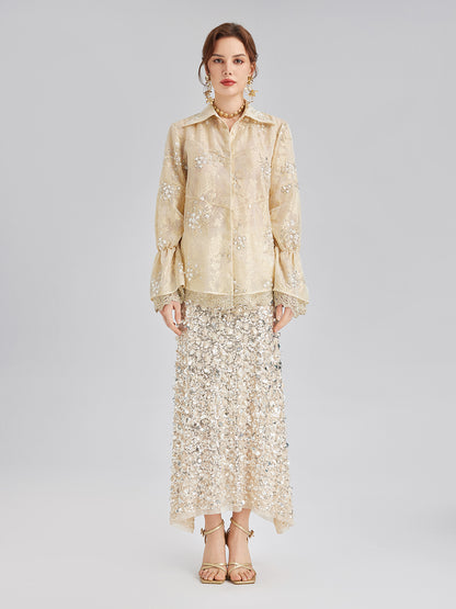 Sequin Bead Embroidered Organza Blouse