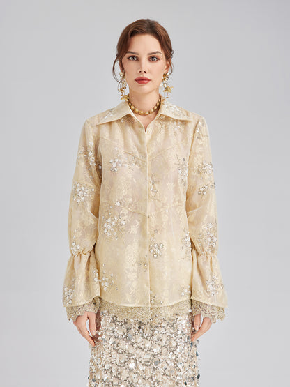 Sequin Bead Embroidered Organza Blouse