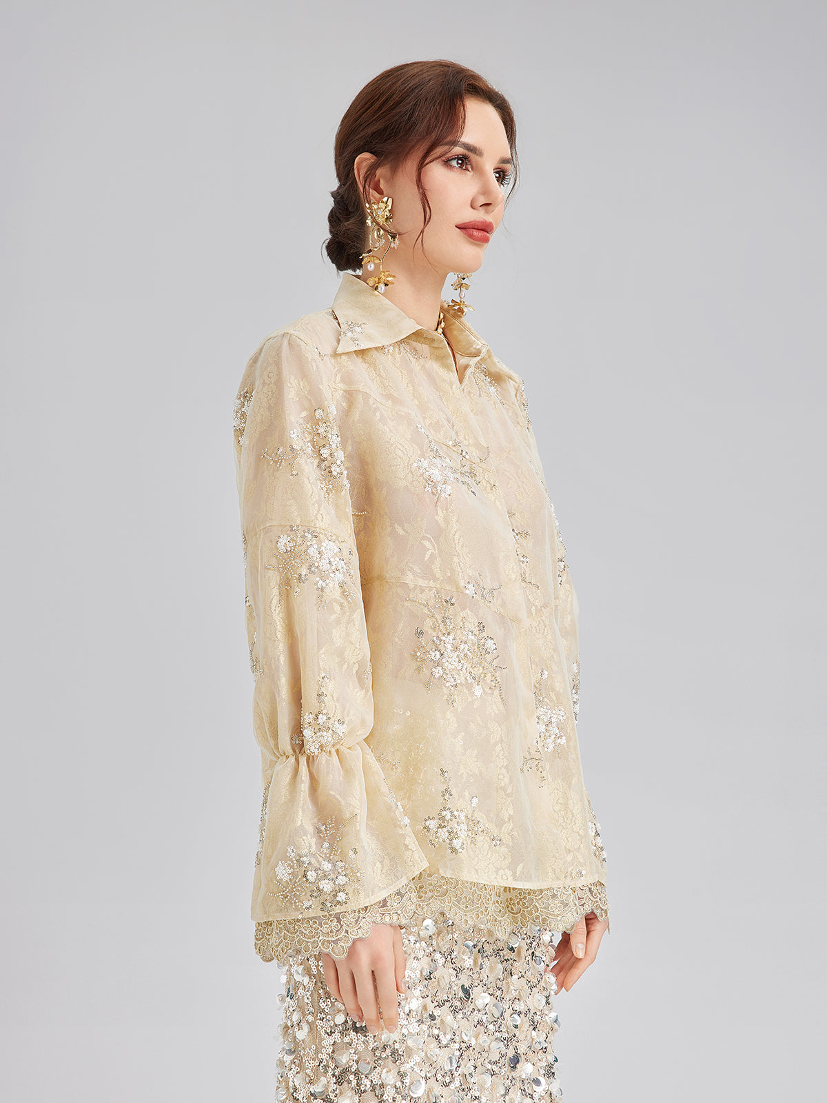 Sequin Bead Embroidered Organza Blouse
