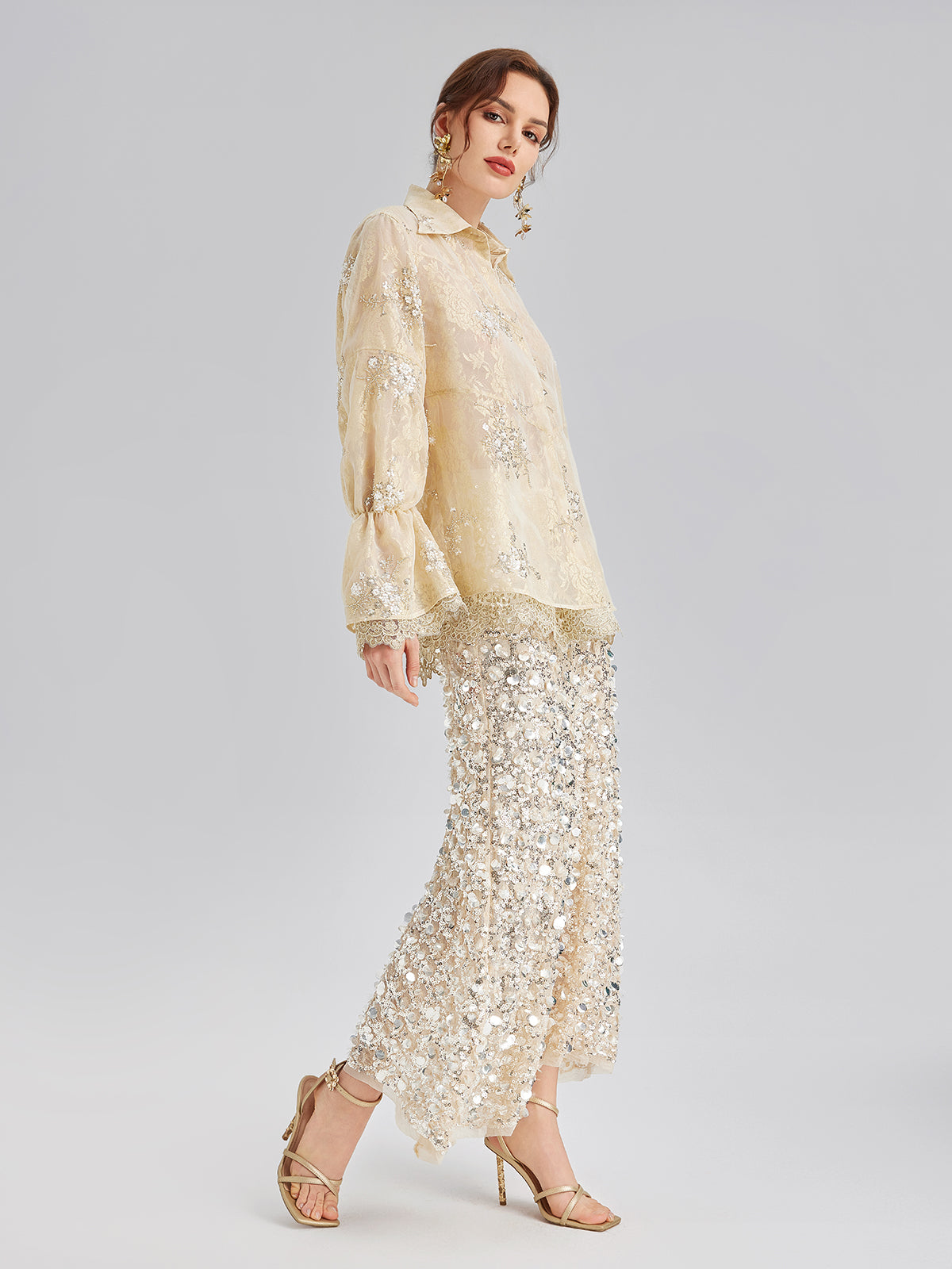 Sequin Bead Embroidered Organza Blouse