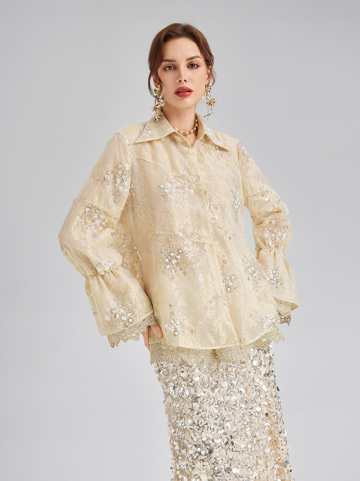 Sequin Bead Embroidered Organza Blouse