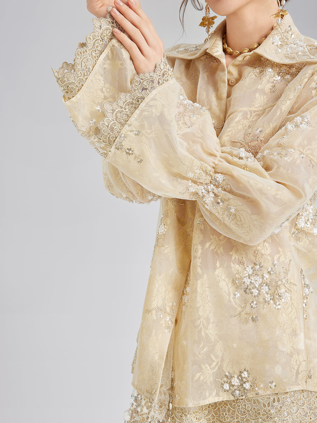 Sequin Bead Embroidered Organza Blouse