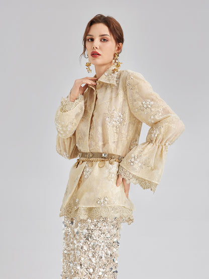 Sequin Bead Embroidered Organza Blouse