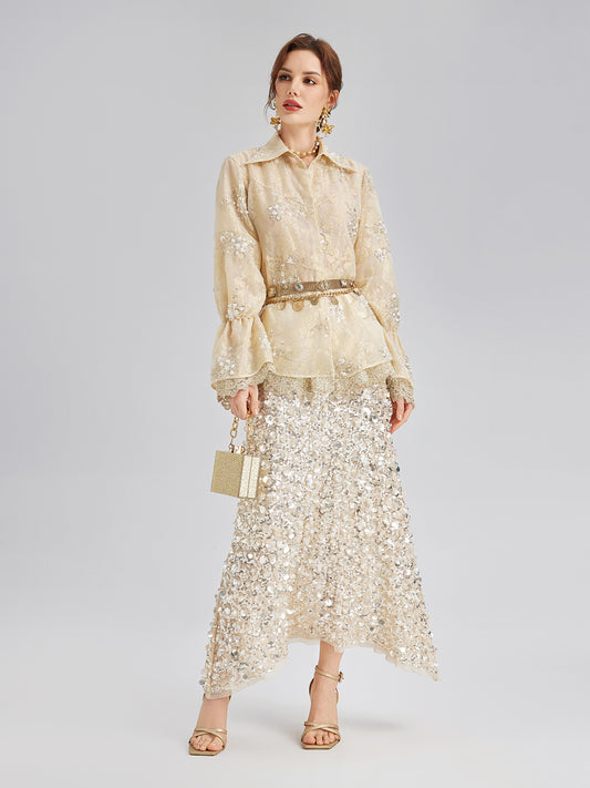 Sequin Bead Embroidered Organza Blouse