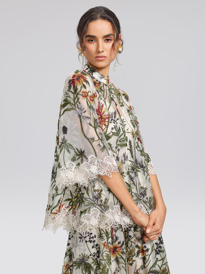 Floral Embroidered Lace Trim Blouse