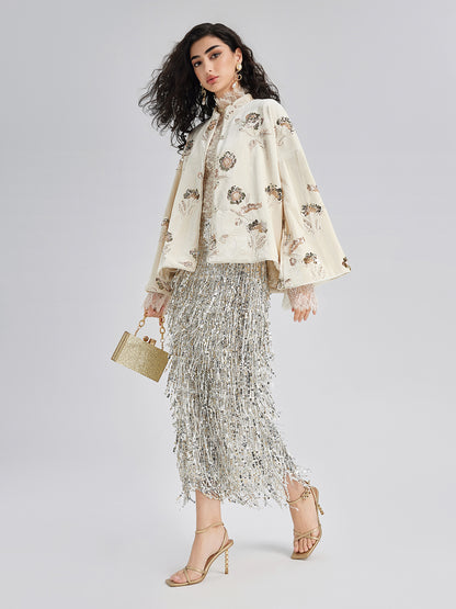 French Velvet Beaded Embroidered Cape Coat