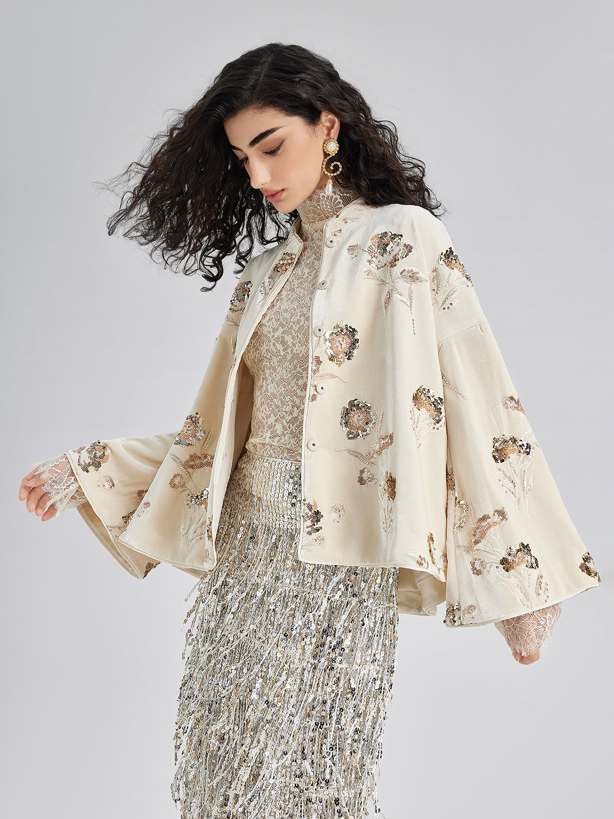 French Velvet Beaded Embroidered Cape Coat