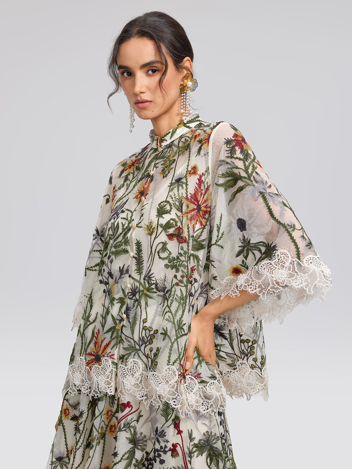 Floral Embroidered Lace Trim Blouse