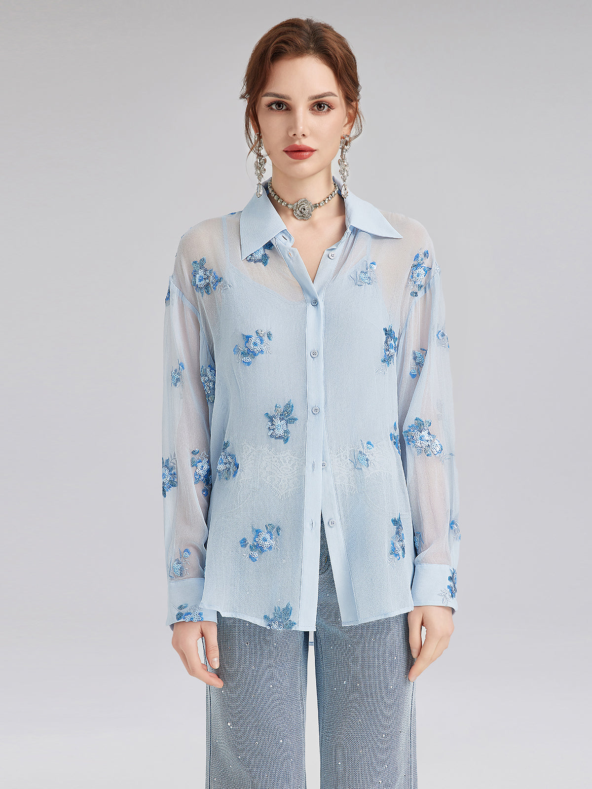 Silk Floral Embroidered Shirt
