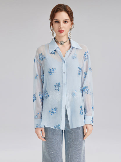 Silk Floral Embroidered Shirt