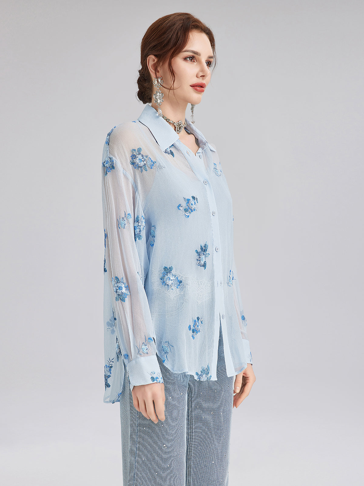 Silk Floral Embroidered Shirt
