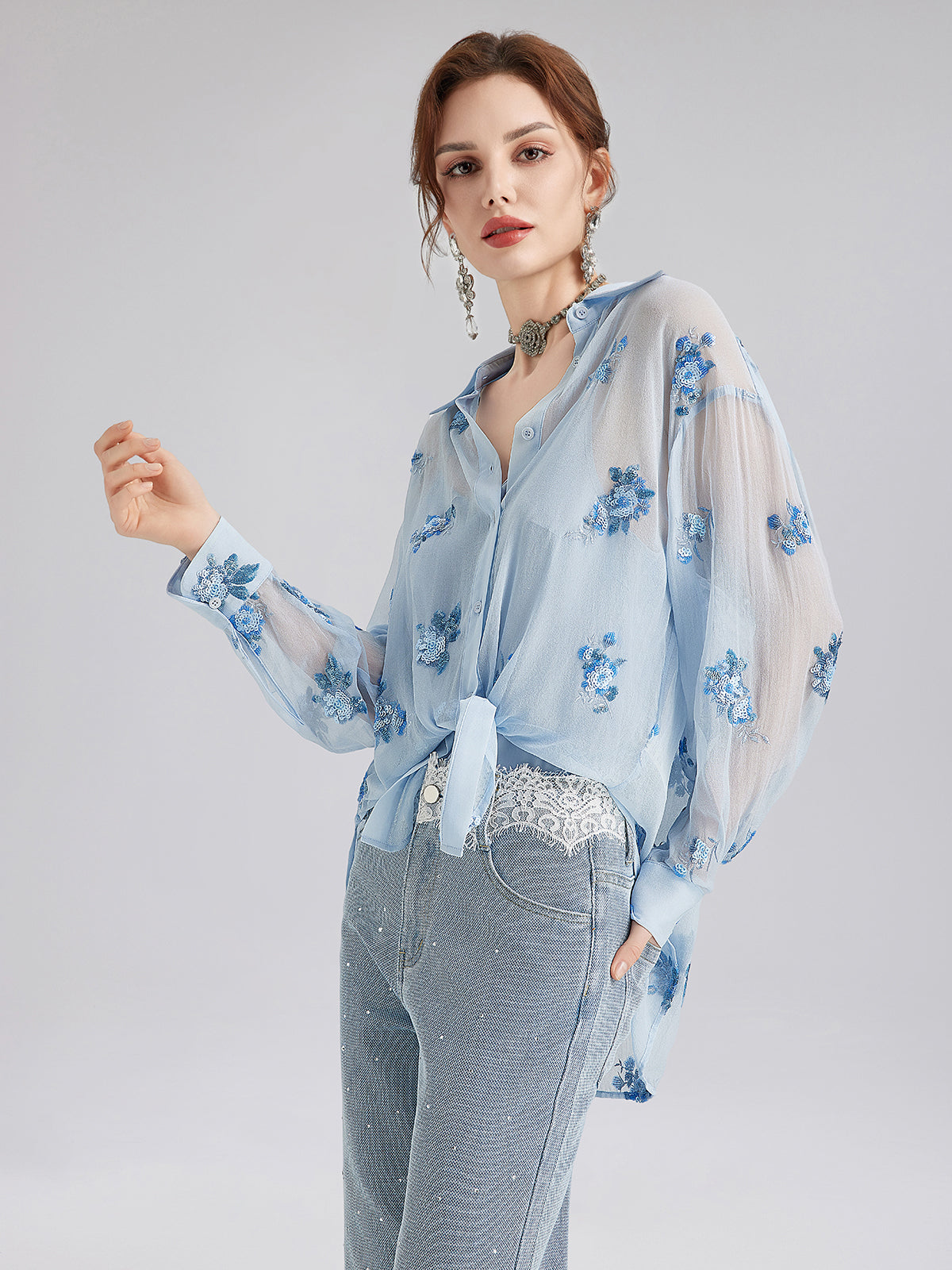 Silk Floral Embroidered Shirt