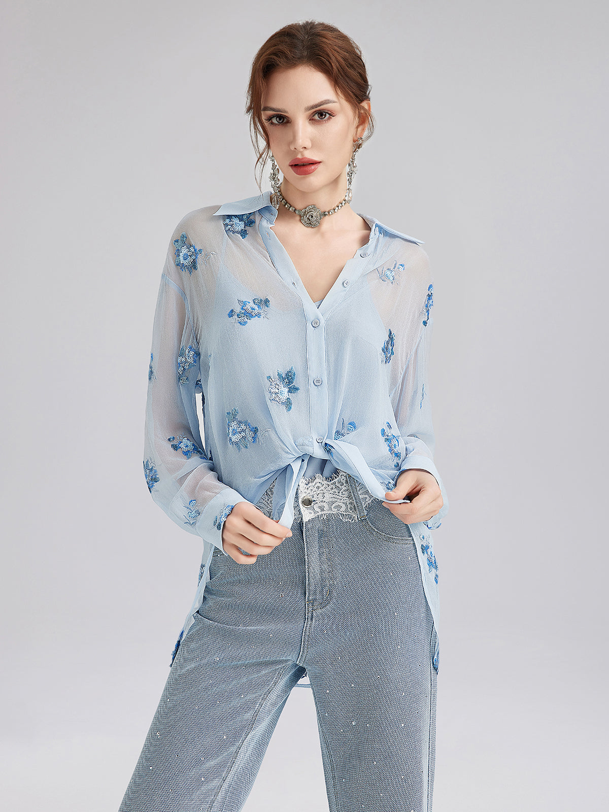 Silk Floral Embroidered Shirt