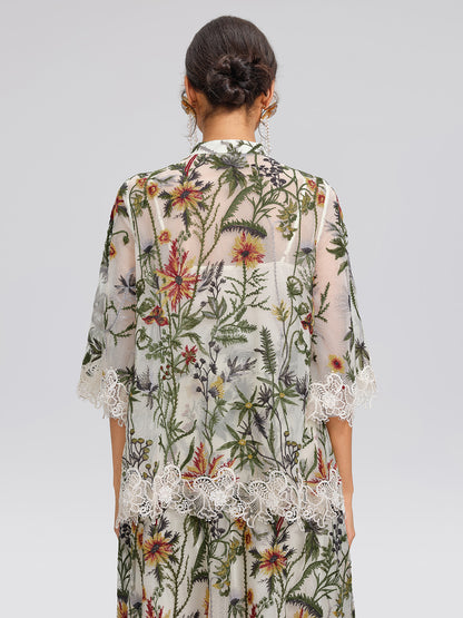 Floral Embroidered Lace Trim Blouse