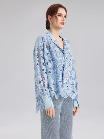 Asymmetrical Collar Dyed Floral Shirt