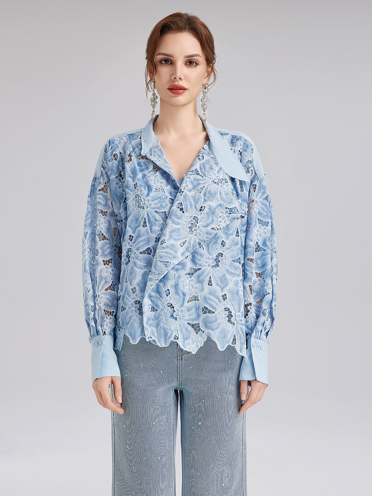 Asymmetrical Collar Dyed Floral Shirt