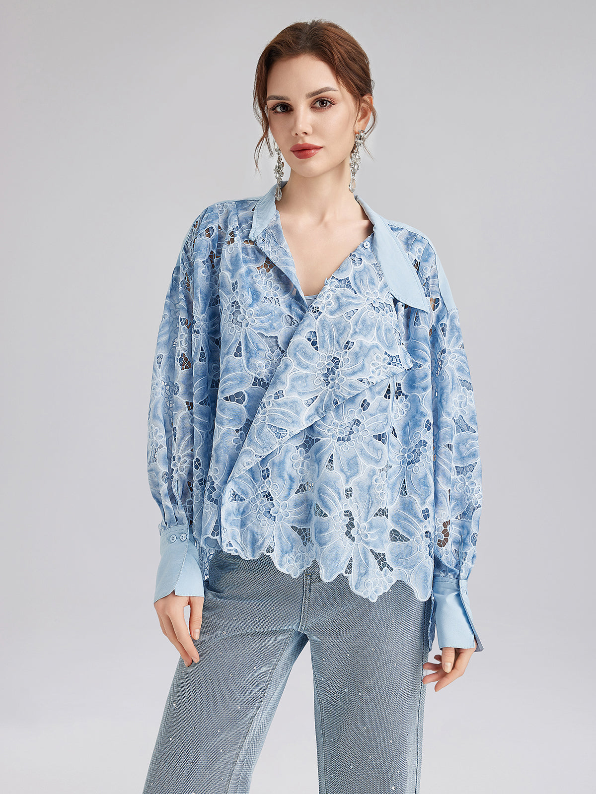 Asymmetrical Collar Dyed Floral Shirt