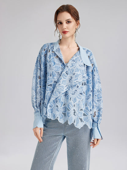 Asymmetrical Collar Dyed Floral Shirt