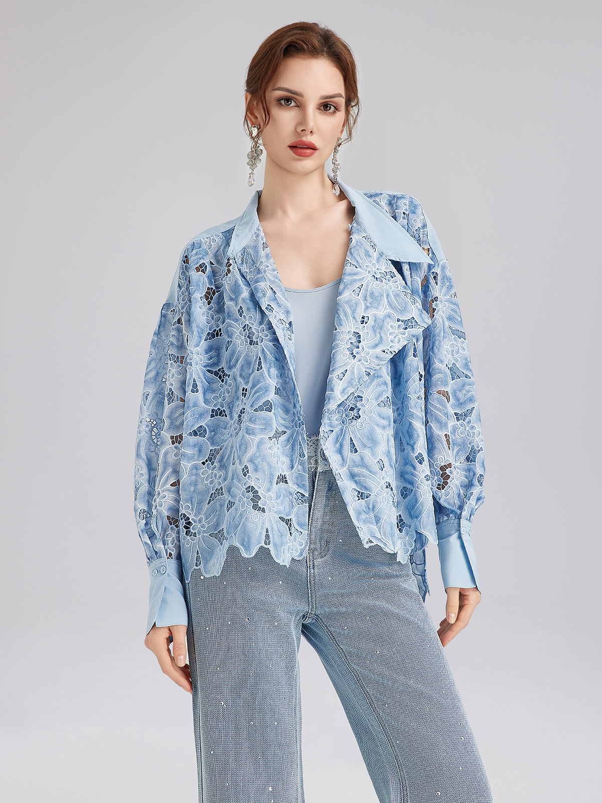 Asymmetrical Collar Dyed Floral Shirt