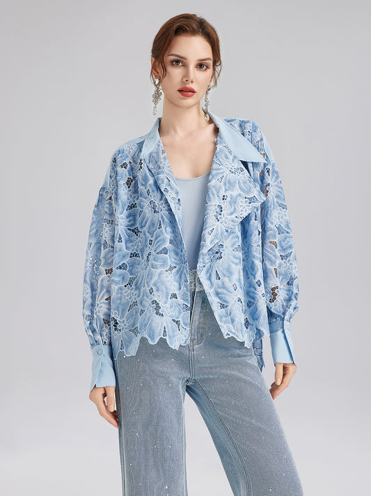 Asymmetrical Collar Dyed Floral Shirt