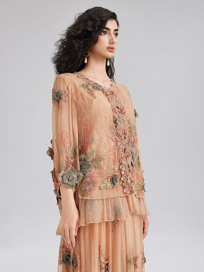 Handcrafted 3D Floral Silk Top