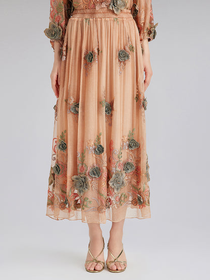 Handcrafted 3D Floral Silk Skirt