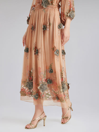 Handcrafted 3D Floral Silk Skirt